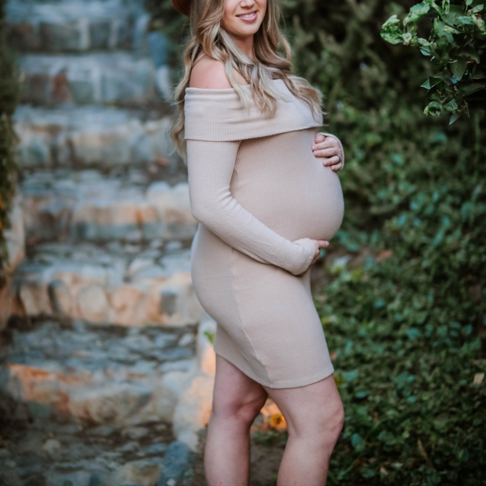 Off-Shoulder Tan  Maternity Dress